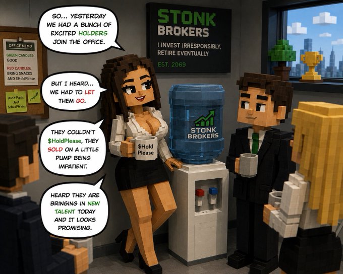A continuation of the voxel art series showing the same reporter in an office setting explaining they had to 'LET THEM GO' and 'SOLD on a little pump being impatient,' noting they are 'BRINGING IN NEW TALENT.'
