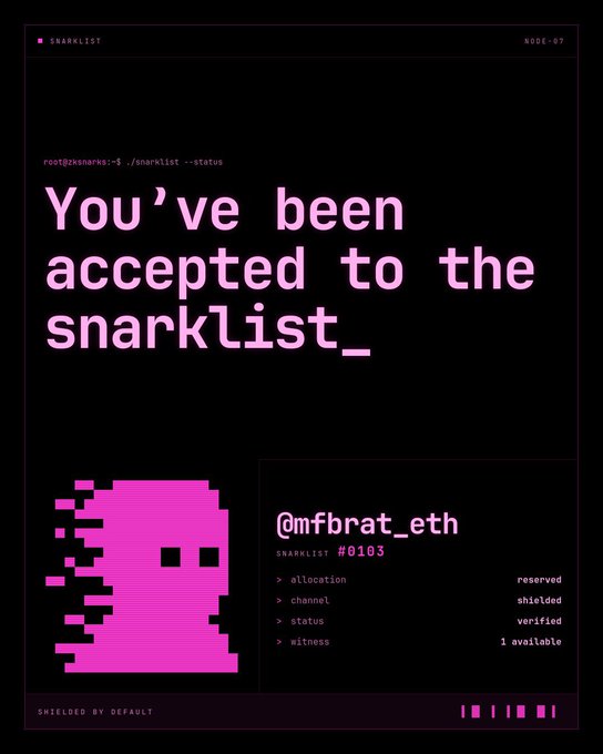 A dark-themed digital graphic with pink text reading 'You've been accepted to the snarklist_', featuring a pixelated pink character and details for '@mfbrat_eth'.