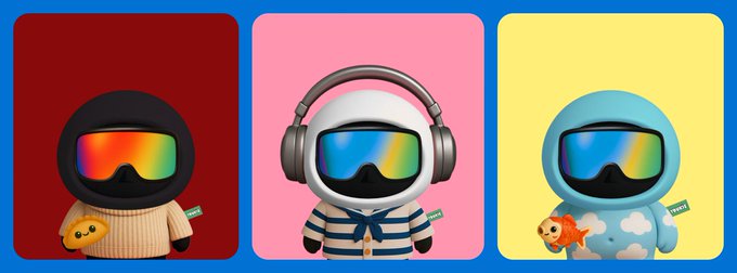 Three stylized, helmet-wearing characters with reflective rainbow visors, each holding a small dog and wearing different outfits, set against red, pink, and yellow backgrounds.