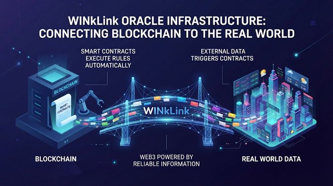 An infographic titled 'WINkLink ORACLE INFRASTRUCTURE: CONNECTING BLOCKCHAIN TO THE REAL WORLD' depicting a bridge between a blockchain node and real-world data.