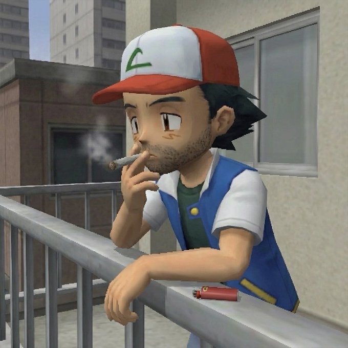 A 3D-rendered Ash Ketchum character wearing his iconic red and white hat is depicted in a realistic style, leaning on a balcony railing while smoking a cigarette.