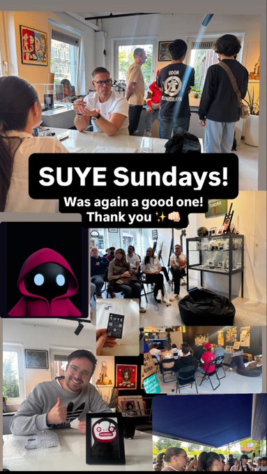 A social media collage celebrating 'SUYE Sundays!' showing people at what appears to be a collectibles or memorabilia store, with characters from Among Us and various items displayed.