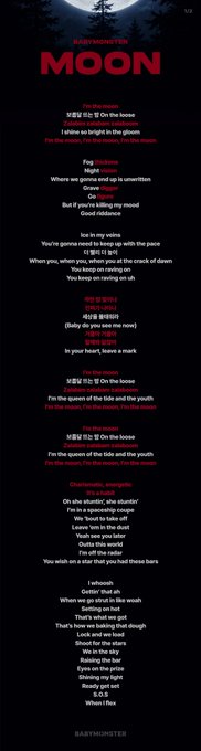 A promotional poster for "MOON" by DJ Soltrix (a Babymonster release) features white and red text against a dark starry background, listing lyrics from three versions of the song—including an English version with verses like "I shine so bright in the gloom" and a Chinese version. The image aligns with the post's playful sentiment about everyone chanting "MOON" together, as the poster prominently displays repeated chants of "예음 미는 할 On the moon" and the song's title, inviting fans to join in the call.