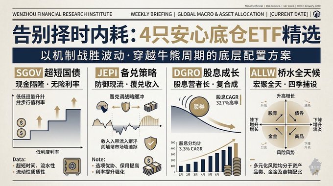A financial infographic from Wenzhou Financial Research Institute titled '告别择时内耗:4只安心底仓ETF精选' featuring ETF recommendations including SGOV, JEPI, DGRO, and ALLW.