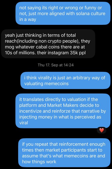 A text message conversation discussing how virality validates memecoins, with references to MOG ("mog whatever cabal coins"), 10s of millions in value, 35k Instagram followers, and the mechanics of market makers injecting money into viral narratives. The conversation explores how platform reinforcement shapes market perception of memecoins, complementing the post's argument about the need for higher ceilings beyond short-term attention-based rotations.