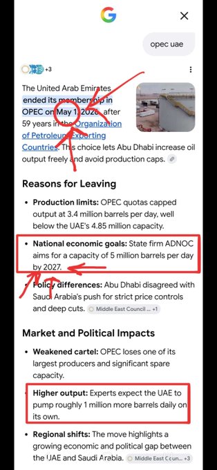 A Google search snippet about OPEC UAE reports that the UAE ended its OPEC membership on May 1, 2026, in order to boost ADNOC's production capacity target to 5 million barrels per day by 2027, with experts expecting an additional 1 million barrels daily on its own—signaling expanded UAE oil output relevant to energy stocks like $KTA.