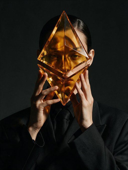 A person in a black suit holding an amber-colored geometric crystal that refracts light over their face against a dark background.