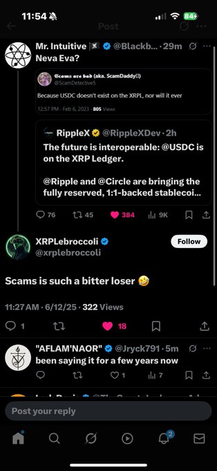 X (Twitter) post from Mr. Intuitive asking 'Neva Eva?' with a quote tweet of a thread about USDC not existing on the XRP Ledger.