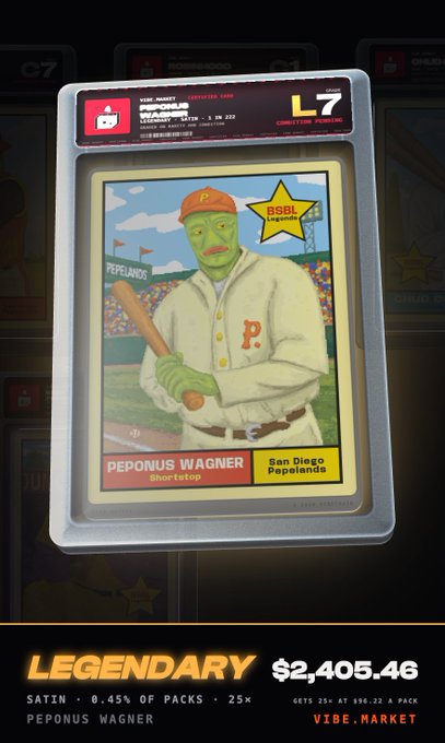 A digital baseball card featuring 'Peponus Wagner' from the San Diego Papelands, priced at $2,405.46 on VIBE.MARKET, labeled as 'LEGENDARY' with 0.45% pack odds.