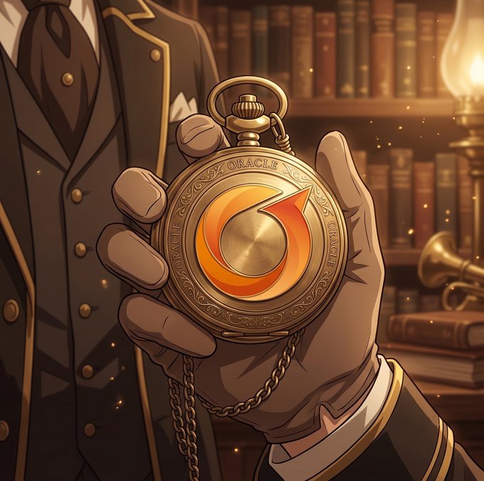 An anime-style illustration of gloved hands holding an ornate golden pocket watch engraved with 'ORACLE' and featuring an orange flame-like 'G' logo, set against a library background.