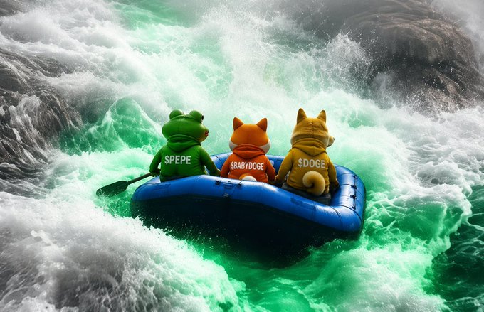 Three plush mascots labeled "$PEPE", "$BABYDOGE", and "$DOGE" ride a blue raft through roaring rapids, personifying the three meme coin tickers braving the volatile crypto market as suggested by the caption's reference to "the signs."