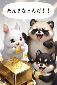 An anime-style illustration featuring cute animals (a white rabbit, a tan dog, and a black Shiba Inu) celebrating with Bitcoin-themed gold coins and bars, with Japanese text reading "あんまなつんだ！！" in a speech bubble.