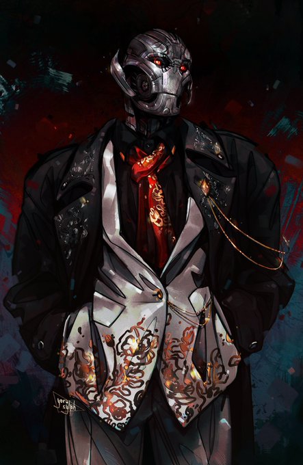 A silver robotic figure with glowing red eyes stands in a dark, paint-splattered background, dressed in an ornate black and silver suit featuring intricate gold and red patterns on the lapels and vest. The text "must shine #Ultron" accompanies the image, suggesting the figure is a stylish reimagining of the Marvel villain Ultron, emphasizing a polished, fashionable appearance.