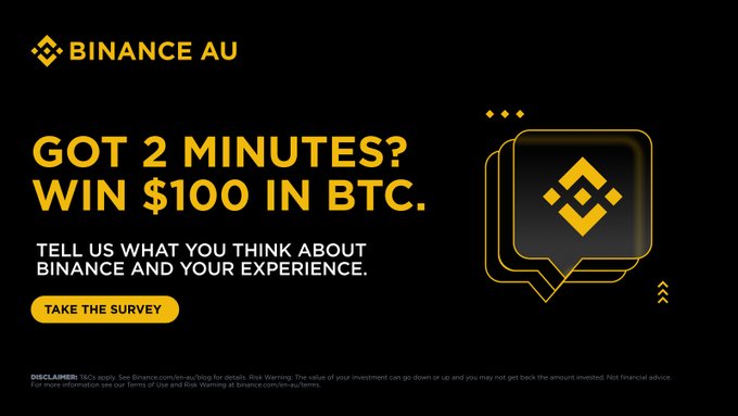 A black Binance AU advertisement banner offering $100 in BTC for completing a 2-minute survey about Binance, with a yellow "TAKE THE SURVEY" button.