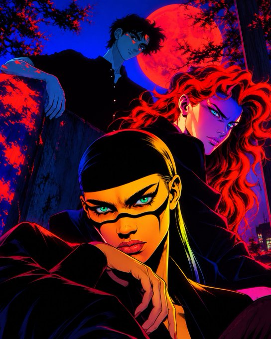 A stylized digital illustration featuring three characters—a dark-haired figure in the background, a red-haired woman with a glowing red moon, and a central figure with green eyes and face markings—set against a dark blue and red color palette.