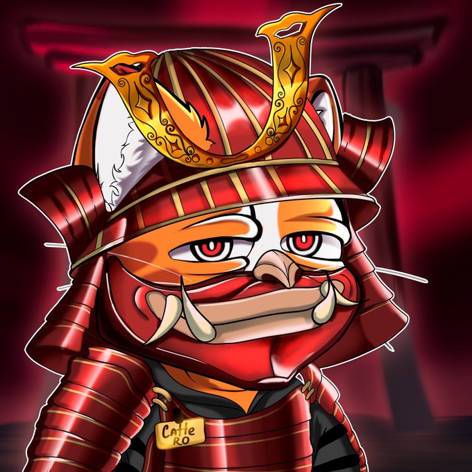 A cartoonish chibi samurai character in red and gold armor with cat-like ears and fangs, standing in front of a red torii gate, with a nameplate reading 'Caffe RO'.