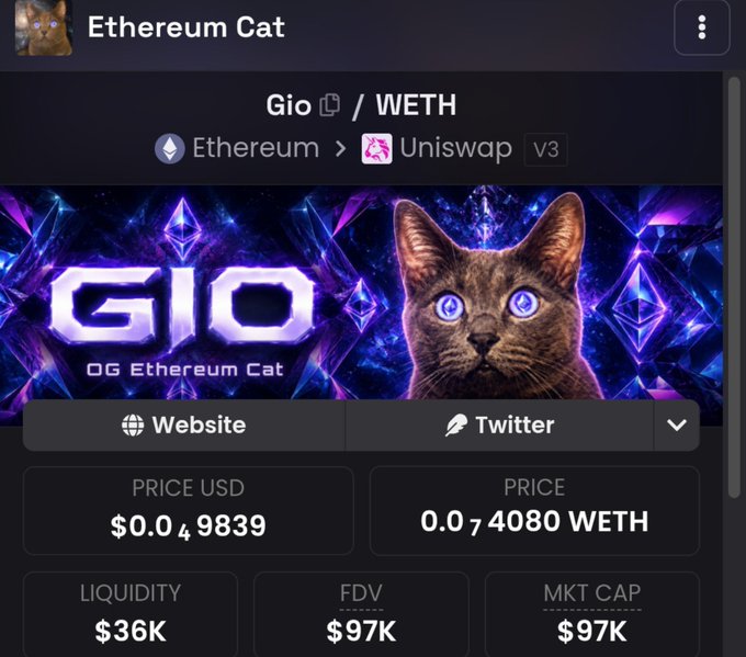 A mobile crypto page for “Ethereum Cat” shows the $GIO/WETH trading pair on Ethereum via Uniswap V3, with stats including a $0.049839 price, 0.074080 WETH, $36K liquidity, and $97K FDV/market cap. It features a neon cat graphic and ties to the story of Eth OG discovering the “GIO Ethereum Cat” token.