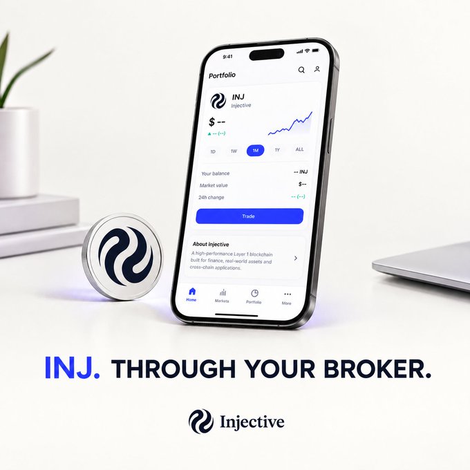 Injective brokerage advertisement showing a smartphone with the INJ portfolio app, a physical INJ token, and the slogan “INJ. THROUGH YOUR BROKER.”