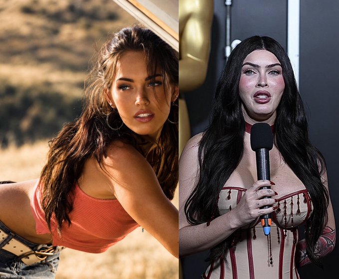 A side-by-side comparison photo showing a woman in a red top on the left and a heavily made-up woman with dark lipstick and a corset holding a microphone on the right.