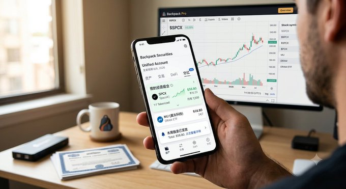 A person uses a smartphone displaying the "Backpack Securities" trading app with a $SPCX unified account, while a desktop monitor in the background shows a $SPX candlestick chart and a list of stock symbols like $BP, $SPCX, and $BPDX—visually reinforcing the post's announcement that Backpack Securities has officially launched as a real U.S. stock brokerage platform for trading tickers like $BP and $SPCX.