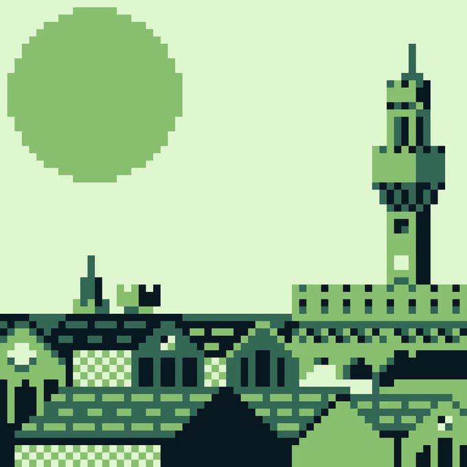 A pixel art scene of a green-toned futuristic cityscape with a tall tower and a large circular sun or moon.