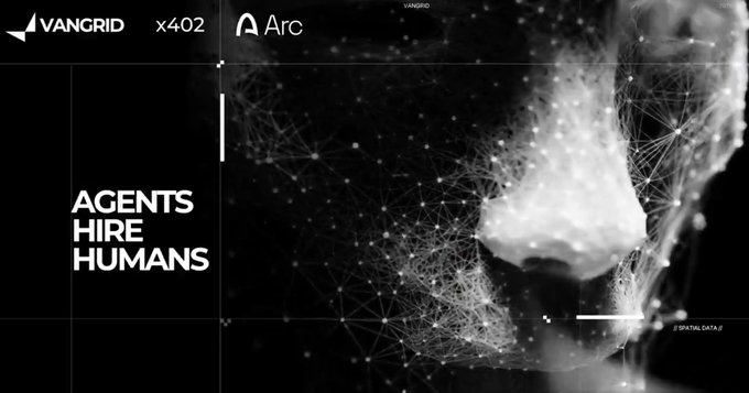 A black-and-white graphic with logos for 'VANGRID' and 'Arc' displaying the text 'AGENTS HIRE HUMANS' alongside a digital face made of network nodes.