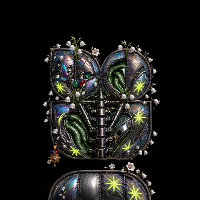 A surreal digital artwork depicts an open metallic treasure chest filled with mechanical components, colorful gems, green tentacle-like structures, white lily flowers, and glowing yellow star shapes against a black background.