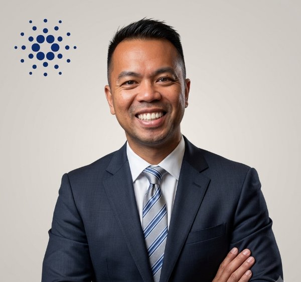 A smiling man in a navy suit and blue striped tie poses professionally with his arms crossed, accompanied by the Cardano logo in the upper left corner. The image relates to the post as a professional portrait of @astroboysoup, the individual stepping down from his role as a Cardano DRep.
