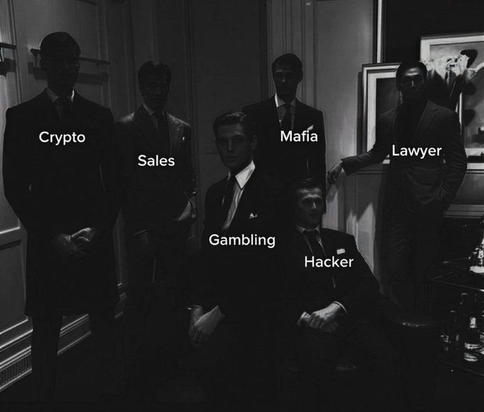 A black and white image of men in suits standing in a room, with labels overlaid on each person reading 'Crypto', 'Mafia', 'Sales', 'Lawyer', 'Gambling', and 'Hacker'.