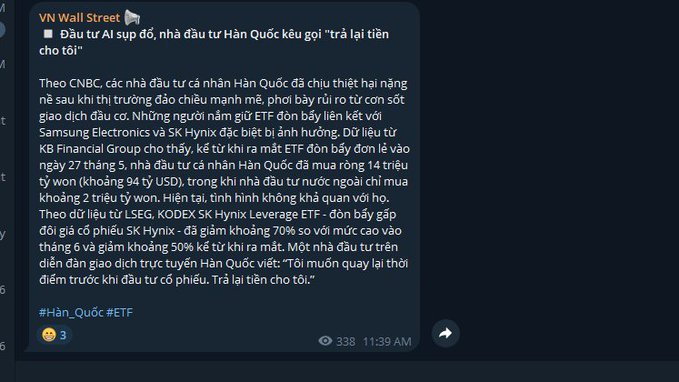 A dark-themed Vietnamese-language news post from VN Wall Street about Korean investors' losses in AI-related ETFs, referencing Samsung Electronics, SK Hynix, LSEG, KODEX SK Hynix Leverage ETF, and KB Financial Group.