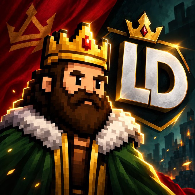 An illustrated promotional artwork featuring a pixelated Minecraft-style king with a beard and crown, alongside the 'LD' logo, set against a red flag and burning city backdrop.