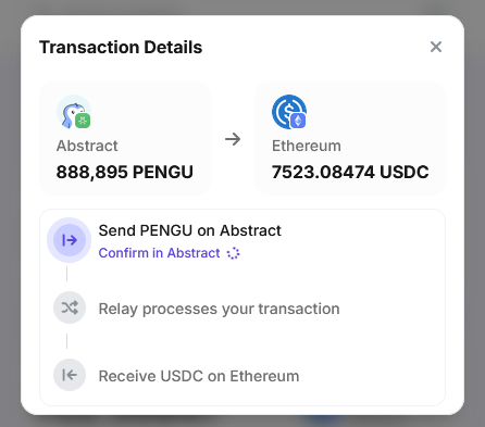 A transaction confirmation modal showing a swap of 888,895 PENGU on Abstract for 7,523.08474 USDC on Ethereum, with steps to send PENGU on Abstract, relay processing, and receive USDC on Ethereum. The image illustrates the user cashing out their long-held PENGU position—likely realizing the substantial loss they mentioned from holding the token to farm Abstract Chain XP.