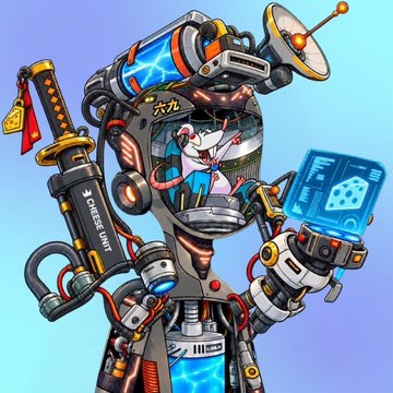 A colorful illustration of a complex, mechanical cyborg character holding a katana, with a transparent dome head revealing a small anime-style girl inside.