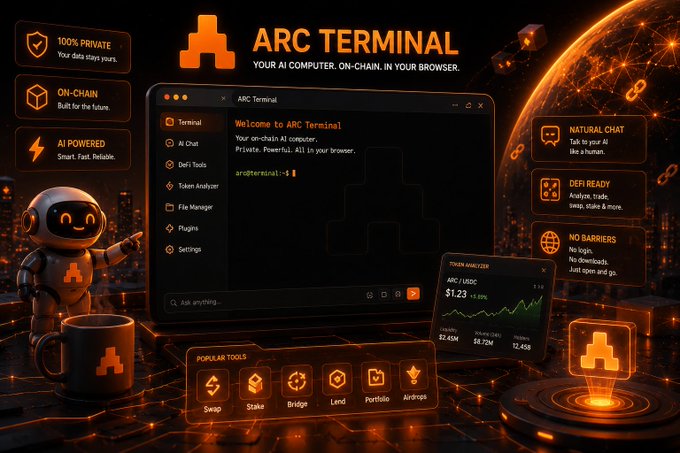 The image features an Arc Terminal screen with a robot character standing next to it, both of them facing each other. The terminal displays various icons related to computer systems and AI tools, such as a chat window, a file explorer, and a search bar. The text in the image suggests that the user might be interested in exploring these tools further or learning more about how they can improve their understanding of themselves through the use of AI technology.