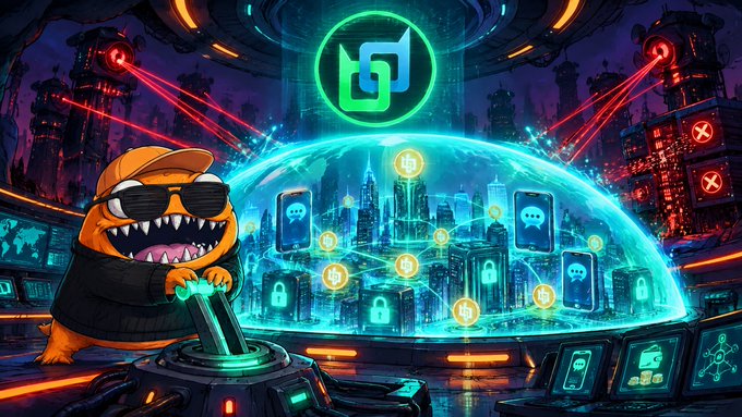 A vibrant AI illustration of a cool orange character with sunglasses and sharp teeth operating a joystick, controlling a glowing teal cyberpunk cityscape filled with smartphones and padlock icons beneath a logo.