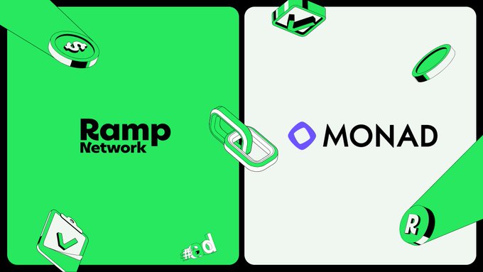 The image features a poster for Monad Network and Ramp Network. The poster has a green background with white text, and there are illustrations of coins scattered around the poster. The text on the poster reads "Ramp Network" and "Monad Network", indicating that both networks are involved in cryptocurrency trading. The image also includes a post about Monad Network's new EVM, which is designed to be used as an alternative to traditional wallets for trading cryptocurrencies like Bitcoin. The post emphasizes the ease of use and the lack of physical currency required with this new system.