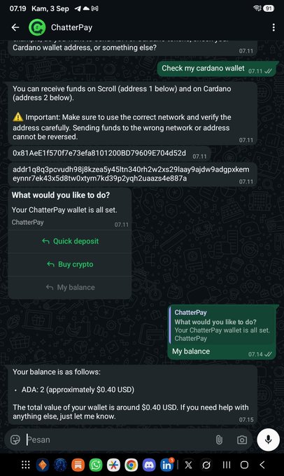 A WhatsApp chat with 'ChatterPay' showing Cardano wallet addresses and a balance of 'ADA: 2 (approximately $0.40 USD)'.