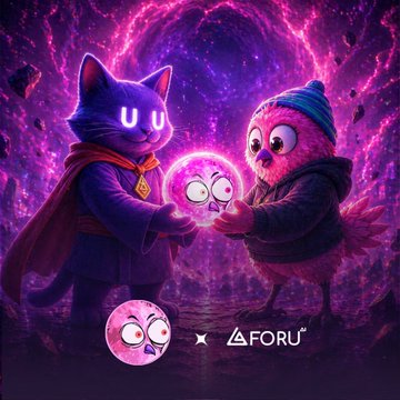 The image features a purple cat with glowing eyes holding a pink ball while standing next to two other characters - an owl wearing a blue hat and a bird wearing a black jacket. The background of the image is dark purple, creating a mysterious atmosphere for the scene. The text in the image reads "Climbing the ranks on @foruai with the squad! Just followed @4uaicrypto @the10kSquad @Monshape @lootgo_official @Listsrrs Shoutout to the visionaries @4uaicrypto @Monad Loving this ecosystem L Listsrrs, Monad, NFTs, Realnads, 10k Squad".