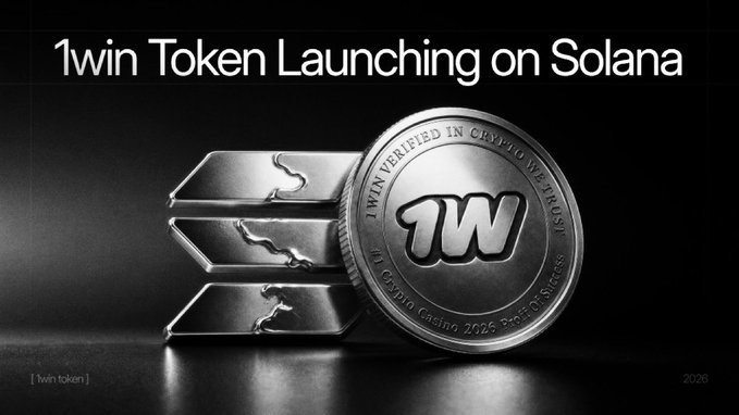 A sleek black promotional graphic announces "1win Token Launching on Solana," showcasing three silver bars stacked behind an oversized coin engraved with "1WIN VERIFIED IN CRYPTO WE TRUST," "1win Crypto Casino," and "2026." The image directly complements the post by visually confirming 1win's decision to launch its $1winToken on the SOL network, emphasizing the chain choice that aligns with Solana's reputation for speed, low fees, and strong community engagement.
