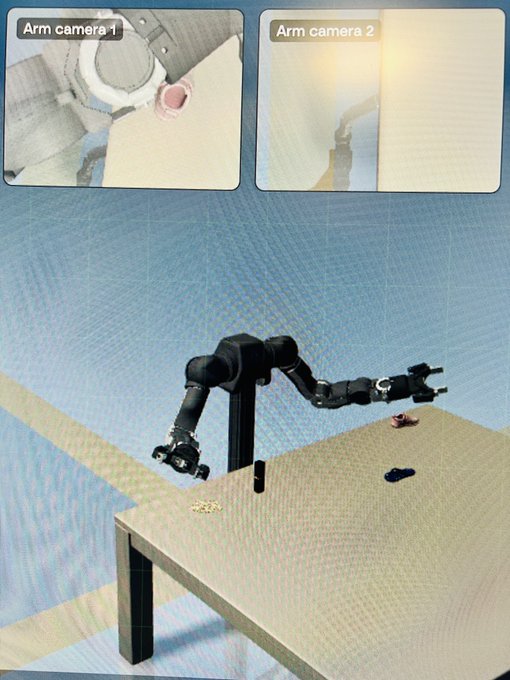 The image displays a robotic arm with two camera feeds ("Arm camera 1" and "Arm camera 2") on a table with small objects, likely related to Base's robotics or blockchain technology context from the post about their "on-chain anti-Sybil mechanism" launch and Twitter Space chat session at 9 PM.