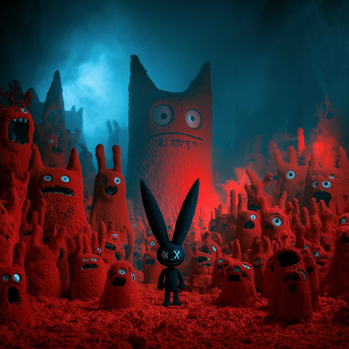A dark, eerie digital artwork featuring a small black rabbit-like figure with 'XX' eyes standing before a crowd of red, fuzzy monsters with multiple eyes and mouths, set against a blue and red atmospheric background.