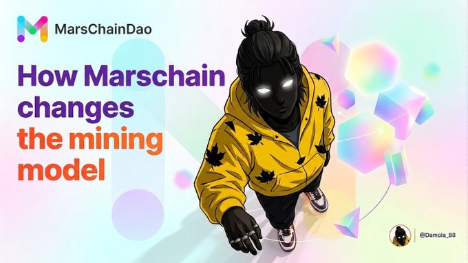 A graphic titled 'How Marschain changes the mining model' by MarsChainDao, featuring an illustrated character in a yellow hoodie.