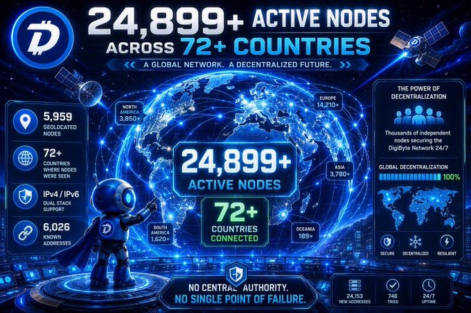 A promotional graphic for Digibyte showing '24,899+ ACTIVE NODES ACROSS 72+ COUNTRIES' with a globe, an astronaut mascot, and statistics including 5,959 geolocated nodes and breakdowns by region.