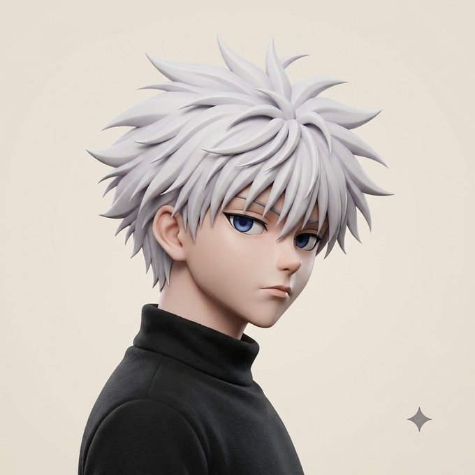 A 3D-rendered portrait of a stylized anime-inspired male character with spiky white hair, blue eyes, and a serious expression, wearing a black turtleneck against a plain light background.