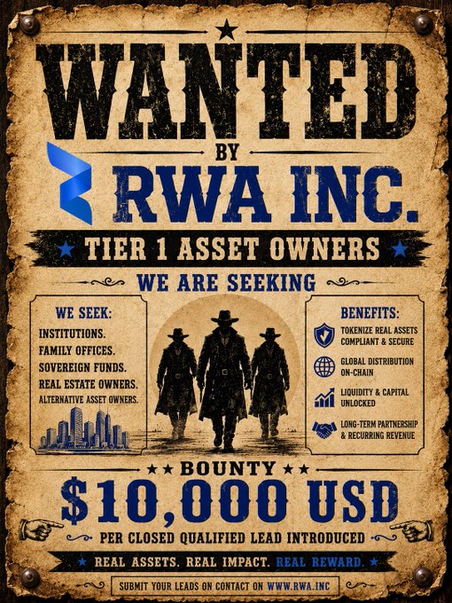 A vintage Western-style 'WANTED' poster recruiting 'RWA INC' for 'TIER 1 ASSET OWNERS,' offering a $10,000 USD bounty per closed qualified lead, targeting institutions, family offices, sovereign funds, and real estate/alternative asset owners.
