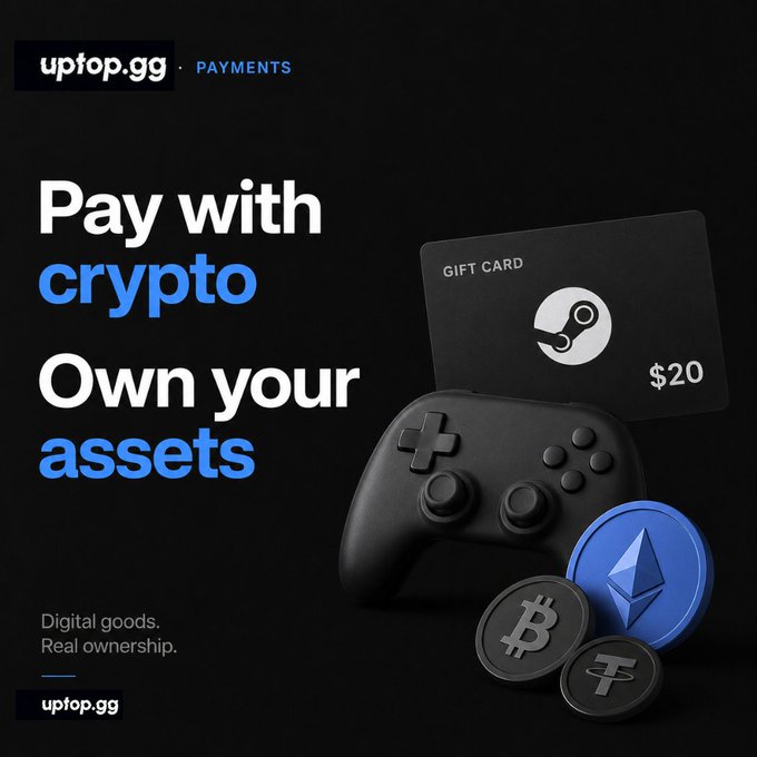 An advertisement for uptop.gg's Payments service reads "Pay with crypto, Own your assets" alongside an image of a Steam gift card, a black game controller, and cryptocurrency coins (Bitcoin, Ethereum, and Tether).