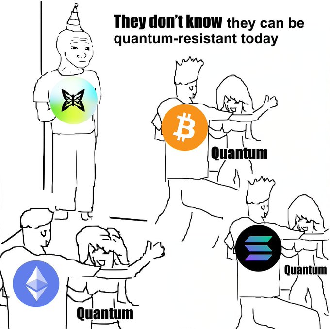 A meme titled "They don't know they can be quantum-resistant today" showing Bitcoin, Ethereum, and Solana logos labeled as "Quantum," while a Quantum (QRL) logo stands apart unaffected.