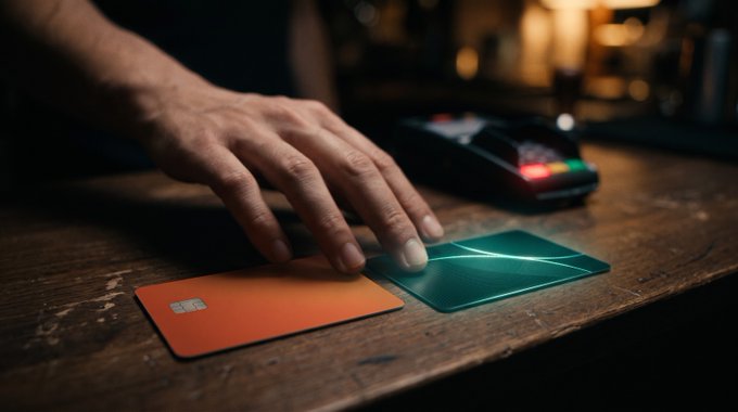 A person's hand rests on a wooden counter next to an orange credit card with a chip and a glowing blue holographic interface panel. A payment terminal sits in the background.