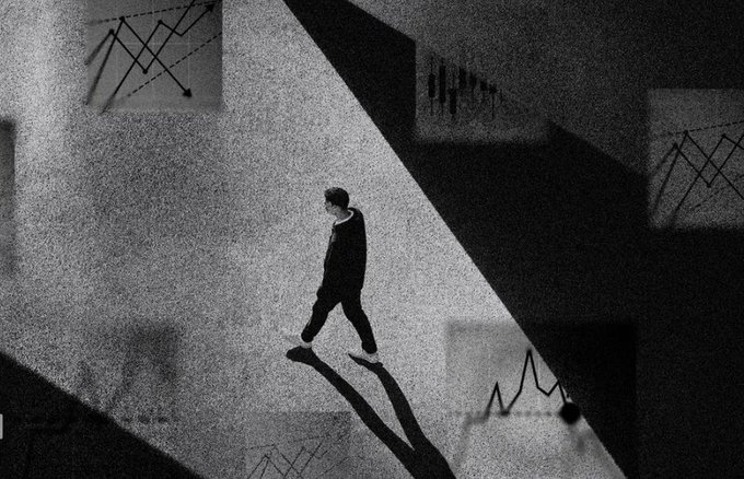 A grayscale artistic illustration of a silhouetted figure walking through a dimly lit corridor with chart diagrams floating on the walls.