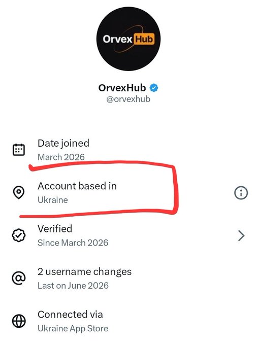 The image shows the verified Twitter/X profile of "OrvexHub (@orvexhub)," with the "Account based in Ukraine" field circled in red, highlighting a red flag for the $ORVX token. The account joined in March 2026, is verified since then, and was connected via the Ukraine App Store, suggesting the project's origin or account location raises credibility concerns.